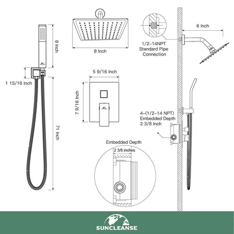 Brushed Nickel Shower System With 8 Inch Wall Mounted Rain Shower Head And Handheld Spray Valve And Trim Included For A Spa Like Upgrade Easy Install High Flow Modern Rainfall Fixture Set diagram