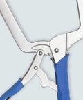 Close-up of Heavy Duty C Clamp With Swivel Pads Vise Grip Locking Pliers 18 Inch, showing metal frame and blue handle.