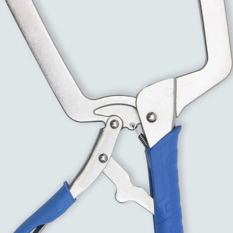 Close-up of Heavy Duty C Clamp With Swivel Pads Vise Grip Locking Pliers 18 Inch, showing metal frame and blue handle.