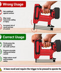 Correct and wrong usage tips for Gutsy Heavy Duty Cordless Nail And Staple Gun, showing proper technique for stability and control.