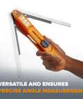 Hand holding Pro Grade MiteriX Angle Aluminum Wood Duplicator displaying precise miter saw angle measurement with lock and transfer feature.