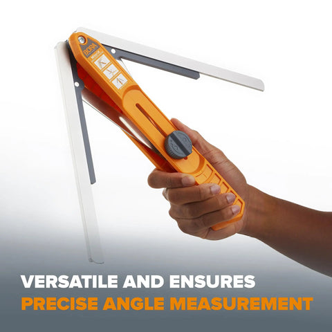Hand holding Pro Grade MiteriX Angle Aluminum Wood Duplicator displaying precise miter saw angle measurement with lock and transfer feature.