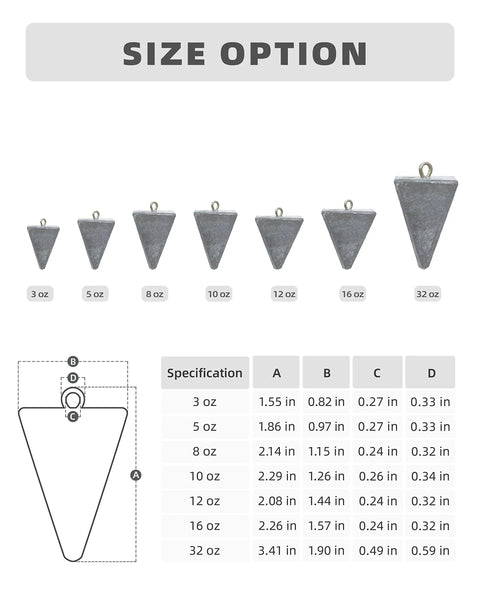 Pyramid Lead Fishing Sinkers For Saltwater 3oz Each 5 Pack Beefy Pyramid Weights size options comparison chart.