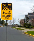 Slow Down Kids At Play Safety Signs In Yellow And Black Reflective Aluminum 14 By 10 Inches Weatherproof Outdoor Signs 2 Pack With 36 Inch Metal Stakes For Driveways And Parking Areas