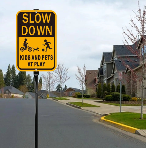Slow Down Kids At Play Safety Signs In Yellow And Black Reflective Aluminum 14 By 10 Inches Weatherproof Outdoor Signs 2 Pack With 36 Inch Metal Stakes For Driveways And Parking Areas