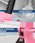 Close-up of pink heavy duty steel floor jack stand with sawtooth and self-locking design for stable vehicle support, 3 ton capacity.