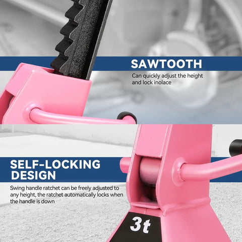 Close-up of pink heavy duty steel floor jack stand with sawtooth and self-locking design for stable vehicle support, 3 ton capacity.