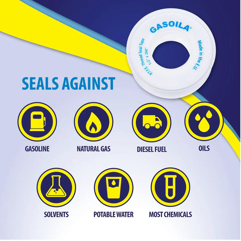 Gasoila PTFE Thread Seal Tape with icons showing resistance to gasoline, natural gas, diesel fuel, oils, solvents, potable water, and most chemicals.
