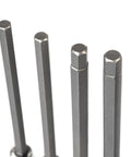 Close-up of Extra Long Hex Bit Socket Set For Three Eighths Inch Drive with four long hex bits, gray metallic finish.