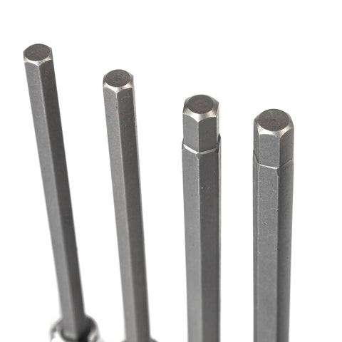 Close-up of Extra Long Hex Bit Socket Set For Three Eighths Inch Drive with four long hex bits, gray metallic finish.