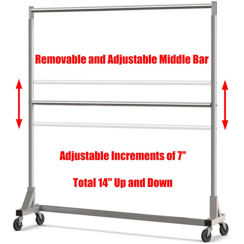 Commercial Grade Double Rod Garment Rack With Z Base, 63 Inch Tall, Holds Up To 600 Lb, Heavy Duty Steel, Smooth Rolling Casters