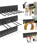 Garage Tool Storage Organizer Wall Mount Kit With Beefed Up 48 Inch Track System And 16 Hooks For Shovels Brooms Rakes And Ladders Holds Up To 600 LB Capacity showing various hanging tools.