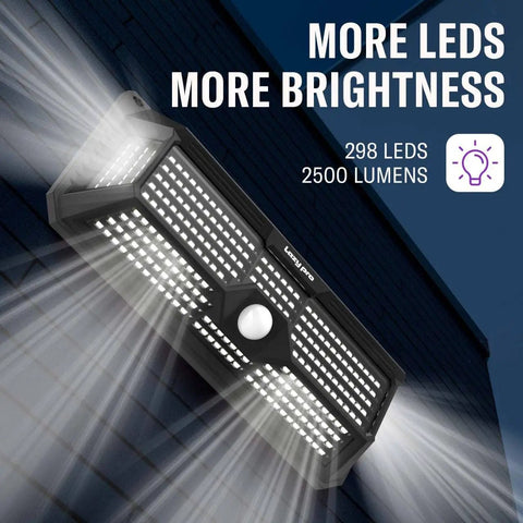 Crazy Bright Solar Motion Sensor Lights Outdoor With 298 LEDs Producing 2500 Lumens installed on a wall.