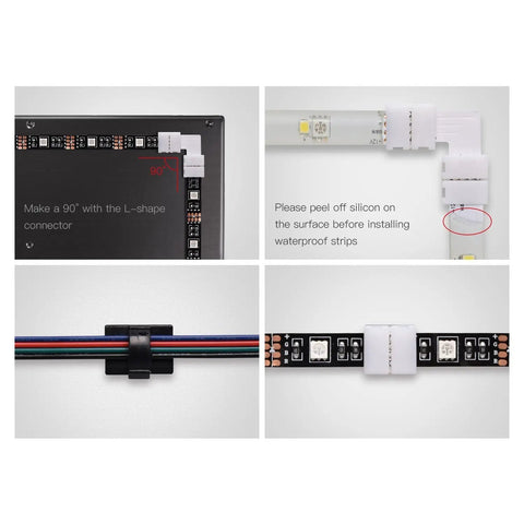 10 Pack 5050 3528 RGB LED Light Strip Connectors with 4-pin 10mm wide solderless jumper angle for DIY and cabinets.