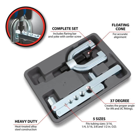 37 Degree Flaring Tool For AN And JIC Fittings Pro Grade with flare bar, yoke, floating cone, and tool slots in a case.