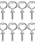 Eight stainless steel bottle opener inserts with threaded bolts for DIY wood projects (front view).