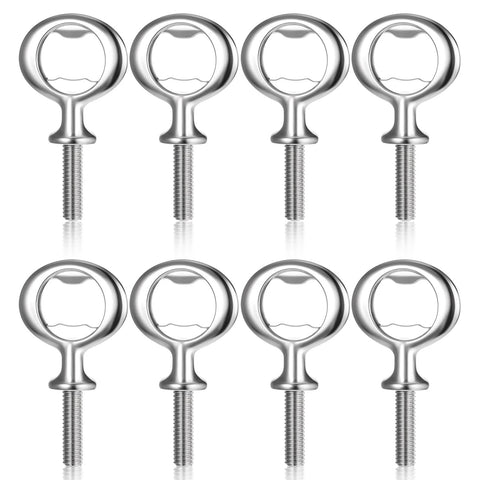Eight stainless steel bottle opener inserts with threaded bolts for DIY wood projects (front view).