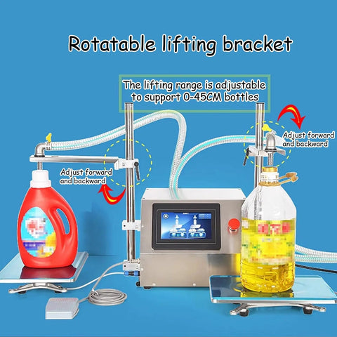 Ready To Roll Double Head Liquid Filler Machine Featuring Zero Drip Precision Valves and Hassle Free Height Adjustments for smooth bottling of liquids.