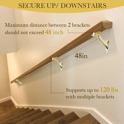 Straight Up Heavy Duty Bright Brass Handrail Brackets For Indoor Staircase Built Different Zinc Alloy Wall Mount Support Rustproof Corrosion Resistant Hardware 3 Pack with wooden railing on wall.
