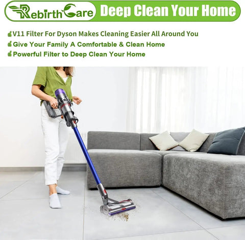 Person using vacuum with V11 And V15 Vacuum Filter Replacement Pack for Torque Drive series on living room floor.
