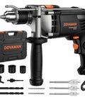 Beefy 7.5 Amp Corded Hammer Drill With 1/2 Inch Metal Chuck, Variable Speed From 0 To 3000 RPM, 2 Modes, case and bits visible