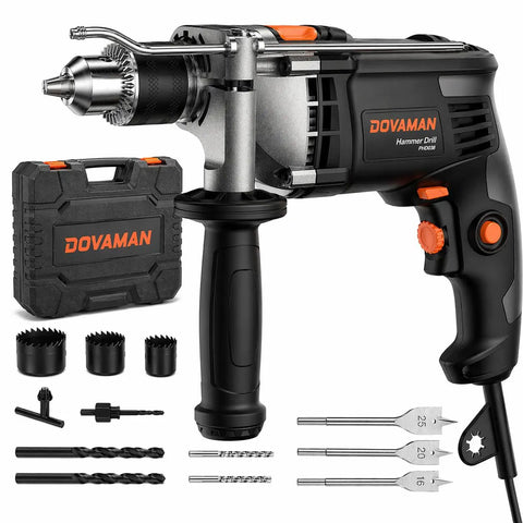 Beefy 7.5 Amp Corded Hammer Drill With 1/2 Inch Metal Chuck, Variable Speed From 0 To 3000 RPM, 2 Modes, case and bits visible