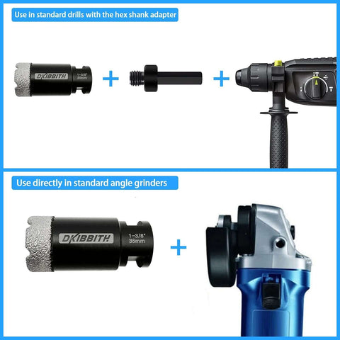 DKIBBITH dry diamond core drill bit, 1-3/8 in tile hole saw with 5/8-11 thread and 3/8 in hex shank adapter, front view