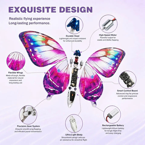 Flying RC Butterfly Drone With LED Light And Realistic Bionic Wing Flap Motion, Sensor Assisted Control, purple close-up design