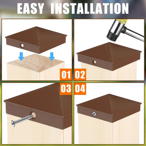 Installation steps for 8 Pack 4x4 Aluminum Pyramid Post Caps Brown for All Weather Outdoor Fence and Deck Posts 3.5 x 3.5 to 3.625 Inch