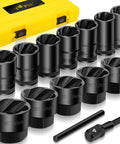 Heavy Duty Beefed Up Lug Nut Remover Socket Set 17 To 36 Millimeters Half Inch Drive Wheel Lock Removal Tool 14 Piece Bolt Extractor Kit For Stripped Damaged Rounded Nuts On Trucks Vans SUVs And Heavy Duty Rated For Tough Jobs with storage case and tools