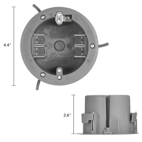 18 Cu In PVC Old Construction Ceiling Junction Box For Old Work Non Metallic J Box ETL Listed 2 Hour Fire Rating, front and side view