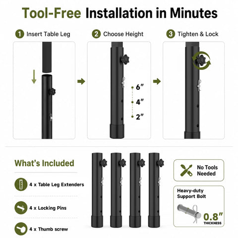 Boost Your Setup Fast With These Adjustable Table Leg Extenders For Folding Desks Heavy Duty Steel Riser tool-free installation guide.