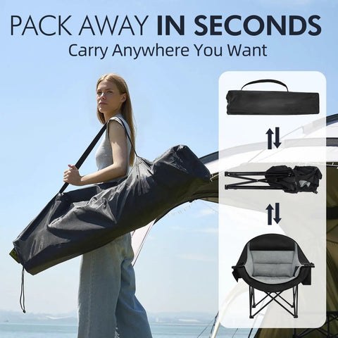 Woman carrying Beast Mode Comfort Oversized Camping Chair in black bag, showing portability and foldability features.
