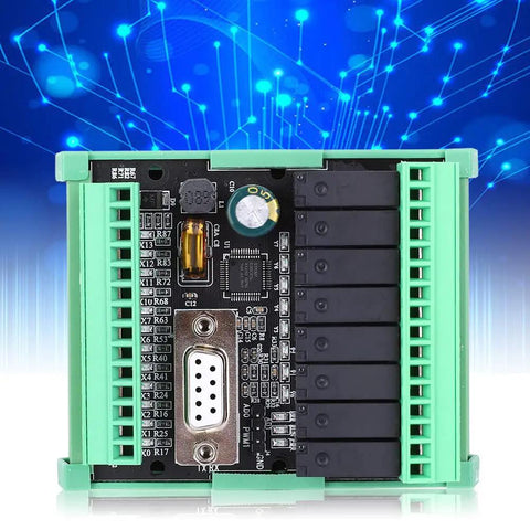 Heavy Duty Programmable Logic Controller Module with relay outputs and connectors for industrial automation setups.