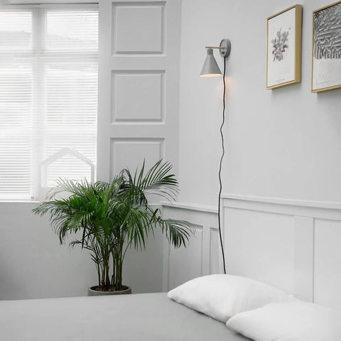 Plug In Or Hardwire Wall Sconce 2 In 1 Dimmer Backplate Matte Gray With Faux Wood Accents Black Fabric Cord Dimmable Wall Light