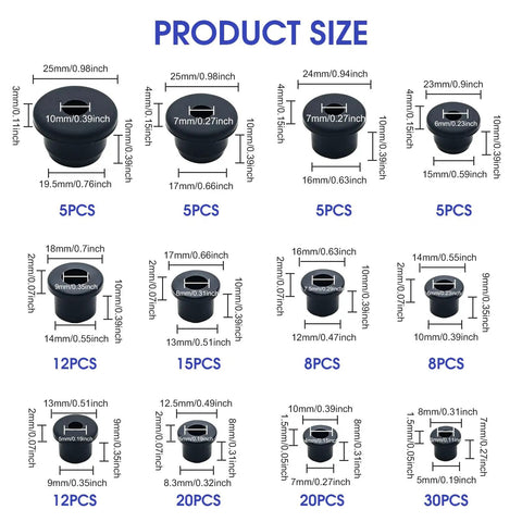 145 Piece T Type Rubber Grommet Kit With 12 Sizes From 3/16 To 49/64 Inch Silicone Hole Plugs for wiring displayed in sizes
