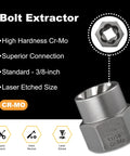 Heavy Duty Bolt Extractor Kit With Three Eighths Inch Adapter, showing high hardness Cr-Mo material and laser etched size.