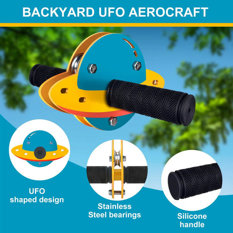 Backyard Zip Line Kit For Kids And Adults With 75 100 120 And 150 Ft Trolley Options 350 Lb Weight Capacity Includes Swing Seat And Stainless Steel Brake And Safety Cable For Ultra Safe Outdoor Fun UFO shaped design with silicone handle