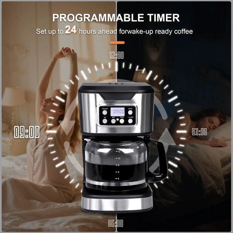 Programmable 12 Cup Coffee Maker With Keep Warm Function, Fully Automatic Drip Coffee Machine, 900W Power, Stainless Steel Finish