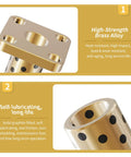 Two brass square-flanged bushings with four mounting holes; graphite-wrapped oil-free bearings.
Brass cylindrical bushing with perforations and graphite wrap; self-lubricating sleeve bearing.