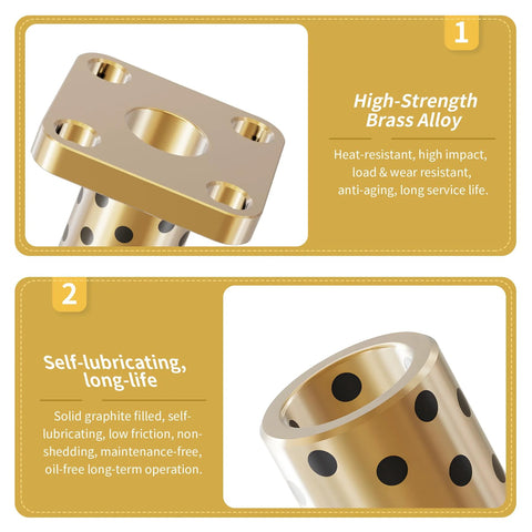 Two brass square-flanged bushings with four mounting holes; graphite-wrapped oil-free bearings.
Brass cylindrical bushing with perforations and graphite wrap; self-lubricating sleeve bearing.