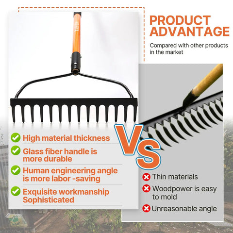 Heavy Duty Garden Bow Rake With 14 Tine And 57 Inch Fiberglass Handle For Soil Leveling Lawn Care Mulch Spreading Leaf And Debris Cleanup Built To Take A Beating With Industrial Grade Steel Reinforced Joints And Anti Rust Coating shown alongside comparison advantages.
