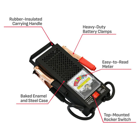 3 In 1 Battery Load Tester For 6V And 12V Cars And Diesels, Analyzes Battery Health, Tests Charging System And Starter, Handles Up To 1000 Cranking Amps With 50 Amp 6V And 100 Amp 12V Load, Model BT100 with clamps and meter