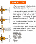Illustration of how to use Bike Chain Breaker Tool Universal For 1 3 5 6 7 8 9 10 11 12 Speed Chains with instructions.