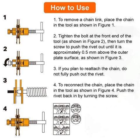 Illustration of how to use Bike Chain Breaker Tool Universal For 1 3 5 6 7 8 9 10 11 12 Speed Chains with instructions.