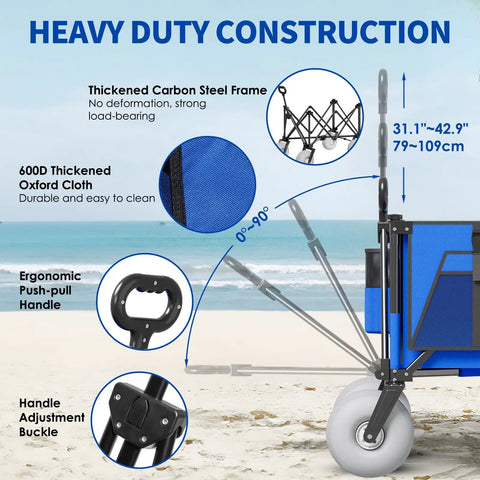 Heavy Duty Beach Wagon With Big Wheels For Sand 450 Lb Load Foldable Cart with durable frame and ergonomic handle on beach