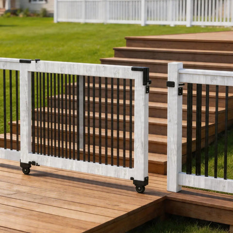 Beefy Sliding Gate Hardware Kit For 1 To 2 Inch Thick Wood Gates With Adjustable Guide Roller And Outer Corner Bracket Built Tough For Wood Fences Deck Gates Easy Install And Smooth Sliding. Wood deck gate with black sliding hardware and rollers