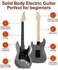 39 Inch Electric Guitar Bundle With HSS Pickups And Tremolo System Plug And Play Starter Kit Including 5W Amp Techwood Fingerboard C Shaped Satin Neck All Accessories Included Gig Bag Tuner Extra Strings Capo Strap, front and back view with features annotated