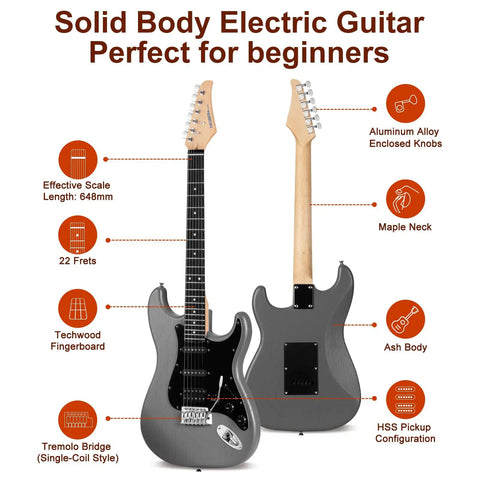 39 Inch Electric Guitar Bundle With HSS Pickups And Tremolo System Plug And Play Starter Kit Including 5W Amp Techwood Fingerboard C Shaped Satin Neck All Accessories Included Gig Bag Tuner Extra Strings Capo Strap, front and back view with features annotated