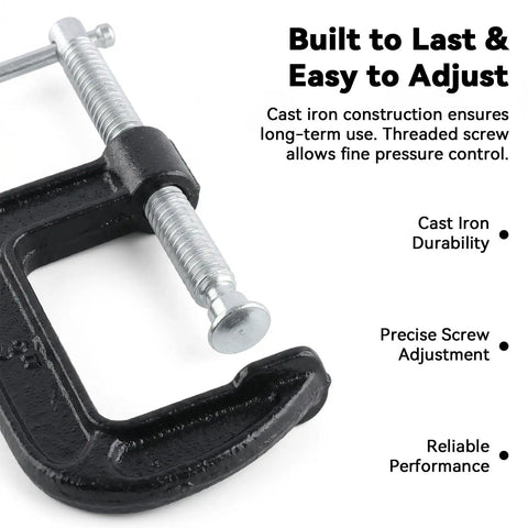 Heavy Duty Black Cast Iron Mini C Clamps Set, 3 Inch Small G Clamps With 90mm Jaw Opening, Ten Pack For Woodworking, Welding, Building Projects And Repairs, Tight Grip Handy For Quick Setups, Durable And Reliable Clamp Collection. cast iron screw close-up